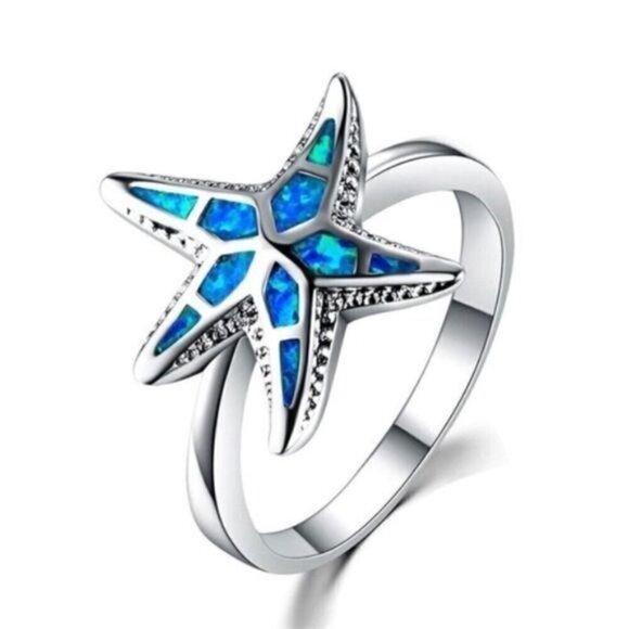 New Blue Fire Opal Starfish Ring Silver - Picture 7 of 8